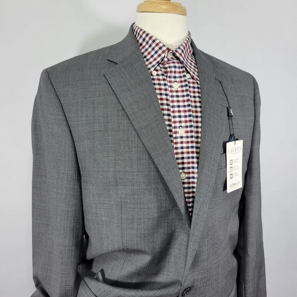 Lauren‎ Ralph Lauren Men's Sport Coat Blazer Two Button Gray Wool Stretch 42XL